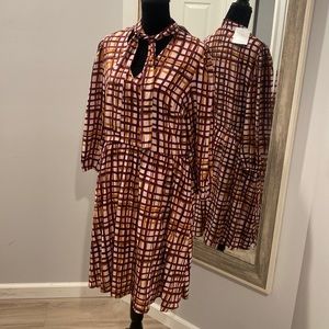 NWT Gal Meets Glam pink gold purple l/s fully lined flare midi tie neck dress